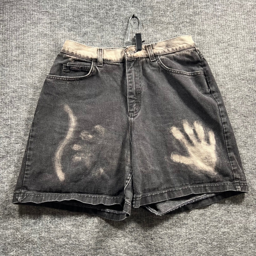 Riders by Lee Black Bleached Handprint Denim Shorts High Rise Grunge Size 14